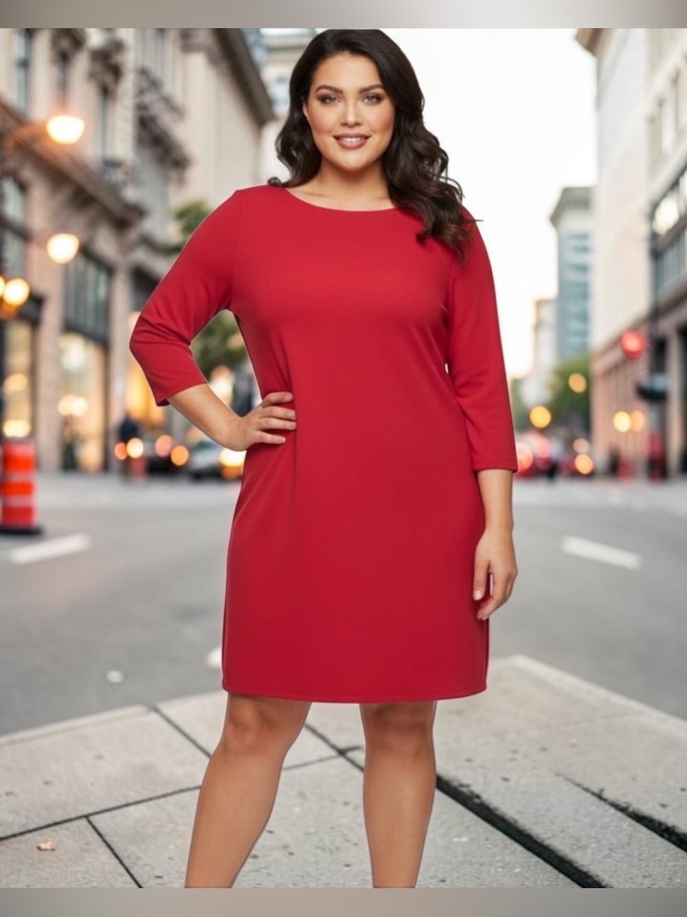 New BB Dakota Sz L Red Shift Dress Classic 3/4 Sleeve Brilliant Red Back Zip NWT